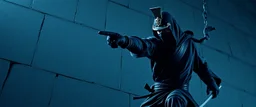 close up on samurai guard pointing at professional ninja thief climbing a wall during lightening,