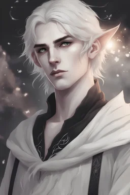a young male Elf sorcerer with ethereal white skin and hair, complemented by striking black eyes, and an intriguing narrative element of a gambling addiction
