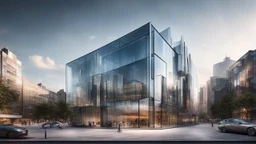 Contemporary glass and steel building with elegant lines and an innovative façade, surrounded by a busy cityscape, modern and in high resolution.