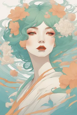 wind blowing from below, portrait of beautiful woman with green hair, loose lines, flowers, smoke, pastel orange and pastel blue, sense of liberation, concept art, art by james jean, takato yamamoto, 4k, concept art, illustrative