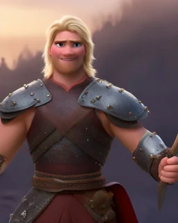 strong medieval warrior with blond short hair, blue eyes and wide warm smile with an axe with green and brown clothes