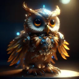 Cute and adorable fantasy owl, Bird-of-Paradise, sparrow, full body, shiny metallic jeweled depth, glowing smoke neon eyes, hoarfrost metal lace, fantasy, sunlight, sunbeam, intricate detail. 8k, dreamlike, surrealism, super cute, symmetrical, soft lighting, trending on artstation, intricate details, highly detailed, unreal engine, by ross tran, wlop, artgerm and james jean, Brian Froud, art illustration by Miho Hirano, Neimy Kanani, oil on canvas by Aykut Aydoğdu, oil painting, heavy strokes, p