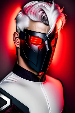 glowing Red eyes, mask, Male, portrait, Dark tactical suit, white hair