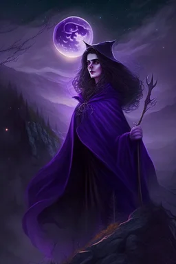 A beautiful witch, dressed in a dark purple cloak, with brown hair and hazel eyes, standing on a mountain peak with a forest behind her, under the full moon, wand out, casting a spell