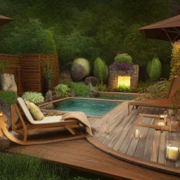 a gorgeous, stunning garden deck with rustic floor, wicker furniture, tranquil pool surrounded by smooth stones, lit candles, plants, cozy, 8k resolution, high-quality, fine-detail, zen-like, cozy, digital art, detailed matte, volumetric lighting, illustration, 3D octane render, brian froud, howard lyon, selina french, annie stokes, lisa parker, greg rutowski