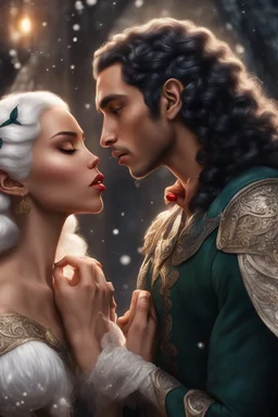 young mulatto woman with wavy snow white hair, kissing a male elf with short black hair