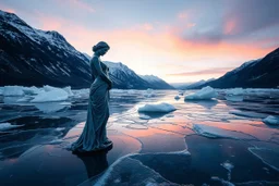 in a frozen sea with pretty mountains a full lady statue in artist pose looking at camera, of transparrent ice that going to melt and water drops fall from all body.