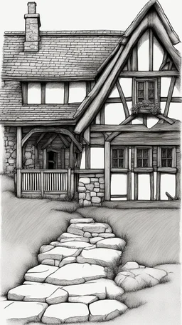 A front elevation line drawing of a fantasy mediaeval ramshackle house.