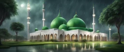 Hyper Realistic massive huge green mosque with white flags on the roofs at a rainy night with grass & mango trees