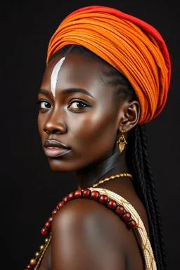 Traditional Native African , full body side view, looking at the viewer, white make up on her face, , traditional si, studio photograph, very aesthetic, highly detailed, brilliant composition, hyper realistic, photorealistic, subsurface scattering matt painting