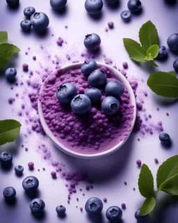 Fascinating studio photo, purple powder explodes on contact with delicious blueberries, on a reflective surface, surrounded by blueberries