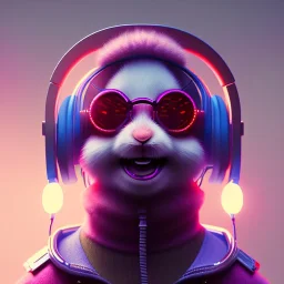 pixar style anamorphic cute smiling baby rabbit, smiling, cyberpunk headphone, sunglass, gangsta gold neckless, full body, magenta puffer jacket, manila city backdrop, dramatic lighting, hyper realistic, unreal engine 5, 16k