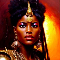 portrait beautiful face African female warrior,busty,ancient metal armor balanciaga fashion clothe painting by gaston bussiere, greg rutkowski, yoji shinkawa, yoshitaka amano, tsutomu nihei, donato giancola, tim hildebrandt, oil on canvas, cinematic composition, extreme detail,fit full head inside picture,16k