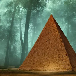 An Egyptian pyramid made of a tree buried in the middle of a thick forest, artistic painting, detailed painting elements with full HD quality, lasting effect, 4K, 8K, 16K