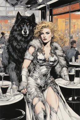 #5 Original Art by Howard Chaykin (Vortex Comic, 1988): In a bustling café, the Wounded Gallic Warrior and the woman resembling the Sleeping Hermaphrodite find solace amidst the chaos of the modern world. His tattered armor and fur-lined cloak clash with the contemporary setting, drawing curious glances. Her flowing garments blend seamlessly with both ancient and modern realms. Their eyes meet, conveying determination and empathy. The warrior confesses his struggle with the unfamiliar surroundin