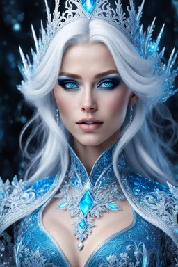 Hermosa y malvada reina del hielo, pelo blanco, ojos azules luminosos, vestimenta intrincada, hiperdetallada, calidad ultra, increíble obra de arte, full body