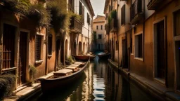 narrow Venetian canal with boats and buildings in the background, dappled lighting