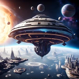 Create a city Floating in the Space galaxy in the Future with a mother ship