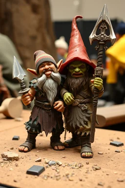 halfling barbarian and Gnome half goblin invention, winning prize at gnome convention,