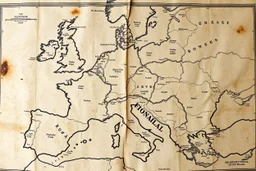 an ancient printed road map that was black and white, but has since been stained and weathered