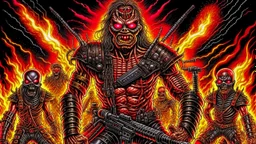 Terminator fight with eddie iron maiden, 4k full detail, realistic, émission radio logo hardrock pentagram firestarter tribute to Black sabbath flammes en fond