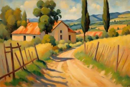 sunny day, mountains, trees, dirt road, countryside, nostalgy influence, adobe house, wilfrid de glehn and paul cezanne impressionism paintings