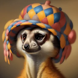 Imagine an anthropomorphic meerkat with a harlequin hat ,by Judith Leyster. in the style of August Macke, John Blanche. Modifiers: oil on canvas vibrant imperial colors hyperrealistic ultra detailed crisp quality whimsical muted colors Decadent 64K, UHD, HDR, HQ anthropomorphic face dark, gloomy, mysterious ©Miwi metallic bronze accents