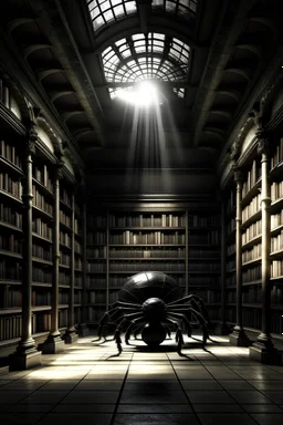 a large old library lit only by a hole in the ceiling and is being protected by a black spider