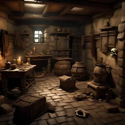 high resolution digital image of a dungeon room. On the floor are two skeletons wrapped in bedrolls next to a burned out lantern and an old wooden chest.