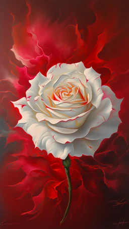 Painterly. Abstract. A white Rose in red silk raiments. Anomalous red cloud issuing forth from the heart. Simple yet majestic