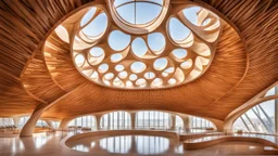 2060 Vista desde el interior de un hermoso e inspirador edificio curvo construido con elegantes y delgadas vigas de madera entrelazadas, con forma de elegantes parábolas, espirales doradas y círculos. La asombrosa arquitectura presenta grandes ventanales, excelencia estética en una zona rural por la noche, estrellas, luciérnagas, montañas distantes, lago, luz natural suave y perfecta, fotografía extremadamente detallada y premiada, hermosa composición, 16k, HDR, enfoque nítido, obra maestra.