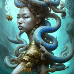 Sango fantasy, fantasy magic, intricate, sharp focus, illustration, highly detailed, digital painting, concept art, matte, art germ and Paul Lewin and Kehinde Wiley, masterpiece Japanese lady head bronze octopus' Asian African girl nice breast Thai hair turquoise silver blue under water