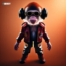 Monkey toddler, steampunk headphone, sunglass, gangsta neckless, full body, red leather jacket, tokio background, dramatic lighting, hyper realistic, unreal engine 5, 16k