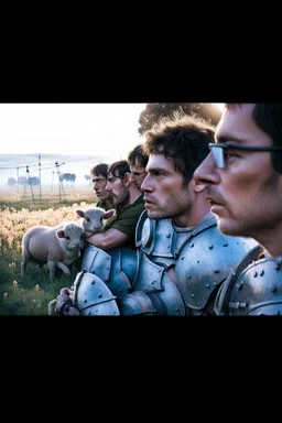 film image of Bulbasaur as a gladiator in armor in an Alentejo field in Portugal full of lambs, misty air, cinematic coulometry, hyper-realism, low saturation