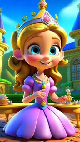 With ribbons and bows, and a table so neat, She readies the castle for a magical feat. The aroma of tea, in the air, starts to twirl, As Princess Penelope invites every boy and girl. , cartoon,3D