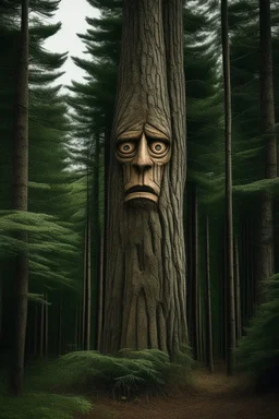 A tall pine tree with a human-like face IN A FOREST