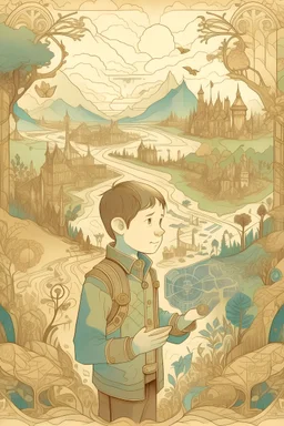 Generate an outline image of a young boy named Alex holding a weathered map with intricate details, standing in a whimsical forest surrounded by magical symbols and ancient landmarks.