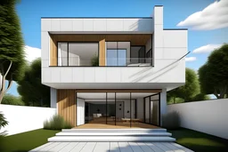 FACADE OF A MODERN MINIMALIST STYLE HOUSE WITH A SKY BRIGTH AND A LITLE TRES AROUND IT, WOOD ON THE FLOOR, WALLS WHITE