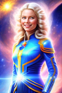young cosmic woman smile, admiral from the future, one fine whole face, large cosmic forehead, crystalline skin, expressive blue eyes, blue hair, smiling lips, very nice smile, costume pleiadian,rainbow ufo Beautiful tall woman pleiadian Galactic commander, ship, perfect datailed golden galactic suit, high rank, long blond hair, hand whit five perfect detailed finger, amazing big blue eyes, smilling mouth, high drfinition lips, cosmic happiness, bright colors, blue, pink, gold, jewels, realistic