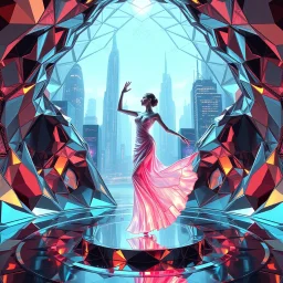 very complex structure ,pretty viberating color environment 3d metalic and crystal recursive animating beveled geometric base very complex structure future world evolving background and goddess realistic modern lady in pretty cleric dress comes out dancing gracefully , viberating color moving very in modern city escap environment while camera tracking it.