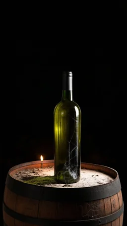 Old dusty bottle of wine in the dark winery on an old abandoned dusty barrel with a spider web on the background and dim candle lught