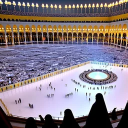 The scene in Mecca: People wearing white Ihram clothes, men without head coverings, women with veils, circumambulating around the Kaaba, and above them are transparent white spirits of children, men, and women with wings revolving around the Kaaba.