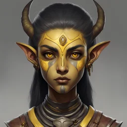 Generate a dungeons and dragons character portrait of the face of a young female Githyanki githyanki were tall and slender humanoids with rough, leathery yellow skin and bright black eyes that were sunken deep in their orbits. They had long and angular skulls, with small and highly placed flat noses, and ears that were pointed and serrated in the back side. They typically grew either red or black hair, which they styled in topknots. Their teeth were pointed.