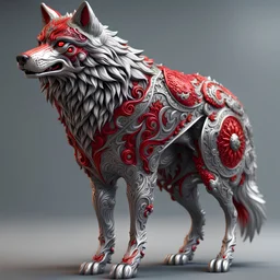 Wolf con apariencia humana, calidad ultra, hiperdetallado, intrincado, maximalista, colores plateado y rojo, 8k 3D