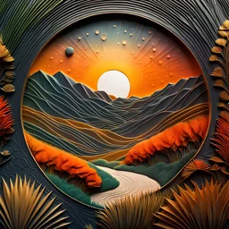 An incredibly peaceful detailed landscape, one-line drawing, Max Ernst, Henri Rousseau, Haji Widayat, primordial nature, sun, strong texture, extreme detail, intricate, strong colours, bas-relief, high resolution, volumetric light, 8k, 3d, cinematic, rich moody colors, sparkles, decal, octane render, 55mm photography, 8k, sharp focus, volumetric light, ZBrush