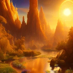 beautiful cosmic transparent golden landscape very etheric and cosmic, delicate colors, ultra sharp focus, 8k, unreal engine 5, extremely sharp detail, light effect, soft light atmosphere, smooth, full of details