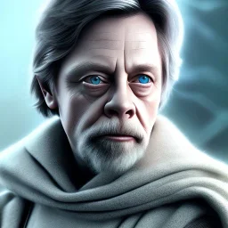 upper body photorealistic jedi mark hamill in Star Wars, sharp blue eyes, photorealistic weathered skin, dark jedi robe, cinematic lighting, intricate