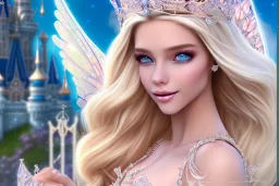 castle in background, beautiful, soft, big smiling, straight and long blonde hair, blues eyes, dewy and shiny atmosphere, diamond crown, long fairy wings in the back, full head, pink veil clothes