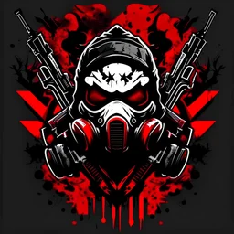 Create me an e sports style logo using the colors black, white and red that is linked to the criminal world with weapons and gas mask