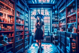 full-height shot of a young witch in a tight black short skirt, inside a large magic shop, shelving, bottles, windows